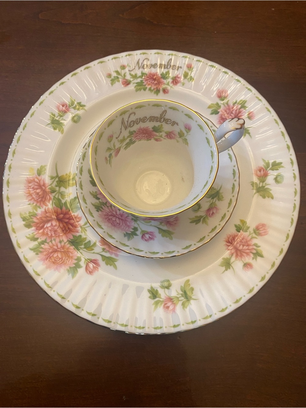 Royal Albert Pink Floral 'November' Bone China Tea Cup and Plate Trio